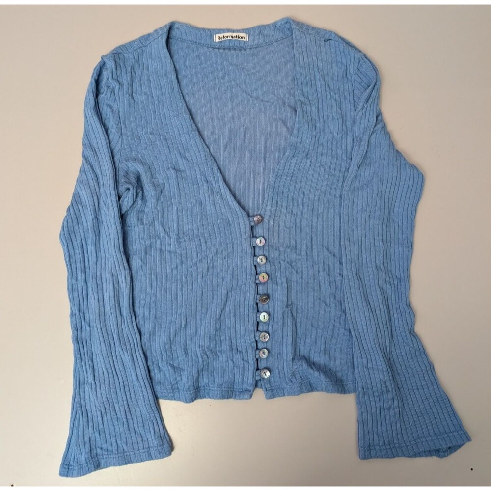 Reformation Gellar Ribbed Cardigan Top L Cornflower Blue Flare Long Sleeve Crop